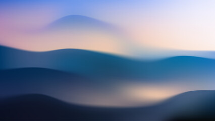 Gradient seascape. Landscape mountain in fog. Vector wavy background. Blurry volumetric silhouettes of hills. Colorful abstract wallpaper.