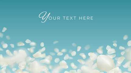 Flying realistic white rose petals on blue sky background. Vector editable template with place for your text. Volumetric falling blurred petal and copy space for wallpaper, banner. Blur effect.