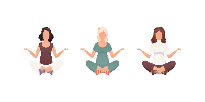 Set of Women Sits in the lotus position. Isolated on white background. Vector illustration in cartoon style.