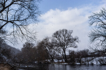 Winter snow park river landscape. Winter park river