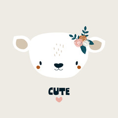 Cute little goat with bouquet of flowers. Kids print. Vector hand drawn illustration.