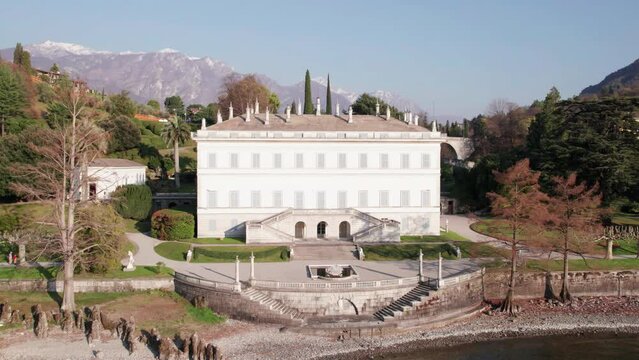 Villa Melzi of Bellagio on Lake Como aerial view from the lake.