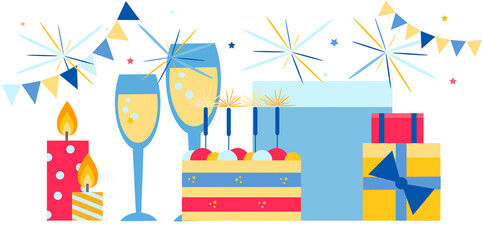 Festive banner, cake with sparklers, champagne glasses, candles and gifts