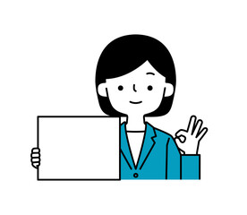 OKサインをするホワイトボードを持ったスーツの女性のシンプルなイラスト