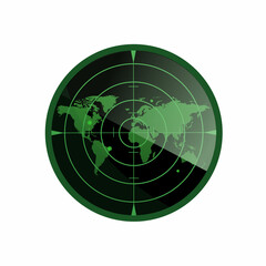 Green radar screen with world map. Radar isolated on white background. Military search system. Vector stock