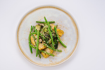 Vegetaria dish of boiled broccoli, asparagus and parmesan
