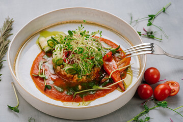 Tartare dish of vegetables red pepper, cucmber and tomato sauce