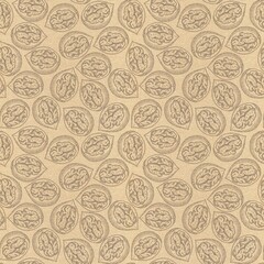 Seamless pattern with linear, hatched walnut illustrations on a craft background
