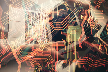 Double exposure of woman hands typing on computer and technology theme drawing. High Tech concept.