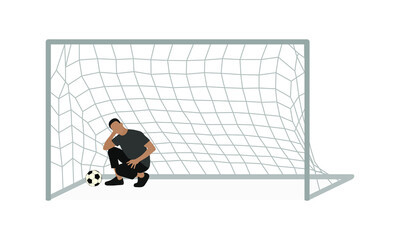 Male character squatting near a soccer ball in a soccer goal on a white background