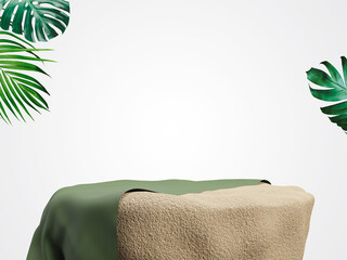 Stone podium and tropical leaves on white background with copy space 3D render