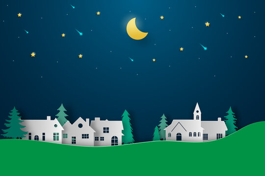 illustration of a night city. Night sky with moon with house silhouettes. Silhouette of the city and night sky with stars and moon. Vector EPS 10.