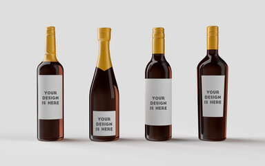 Empty labeled alcohol bottles, 3D illustration