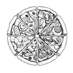 Traditional Italian pizza top view. Different pizza slices. Hand drawn sketch style. Margherita, seafood, vegetarian, Pepperoni etc. Best for package and menu design. Vector illustration.