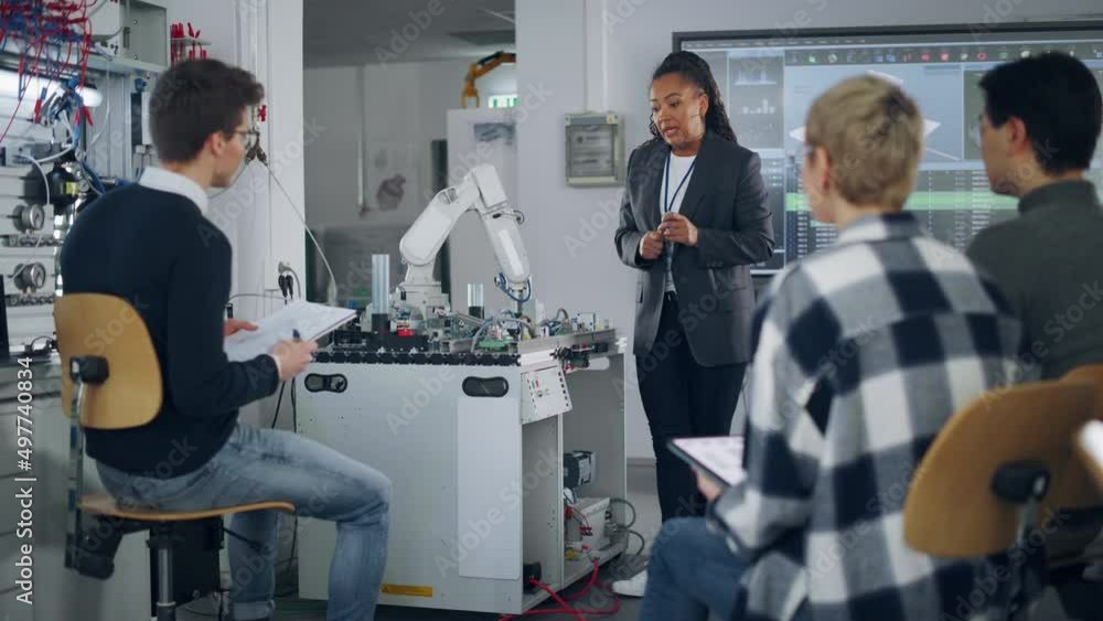 Poster Male Student Making Notes and Advising with his Black Teacher while she Explaining During the Lesson. Group of Multinational Engineers Looking at Robotic Hand. Artificial Intelligence Concept
