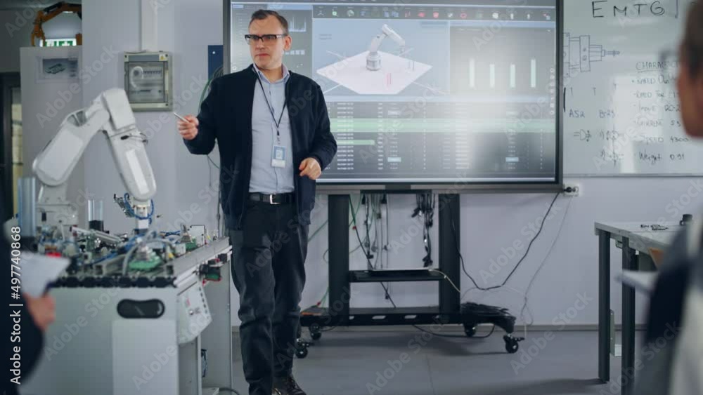 Poster Lecturer Pointing at Big Screen, Explaining Robotic Hand Movement Manipilation. Diverse Group of Young Researches Listening their Teacher. Artificial Intelligence Concept
