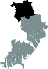 Black flat blank highlighted location map of the PODILSK RAION inside gray raions map of the Ukrainian administrative area of Odessa Oblast, Ukraine