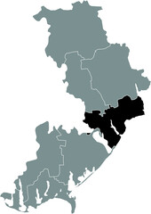 Black flat blank highlighted location map of the ODESSA RAION inside gray raions map of the Ukrainian administrative area of Odessa Oblast, Ukraine