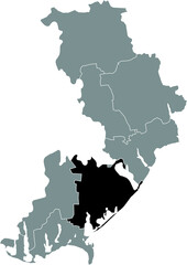 Black flat blank highlighted location map of the BILHOROD-DNISTROVSKYI RAION inside gray raions map of the Ukrainian administrative area of Odessa Oblast, Ukraine