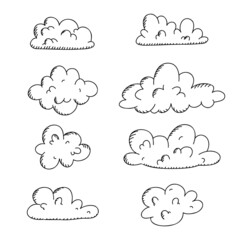 Clouds doodle collection. Outline scribble sky. Vector retro fog