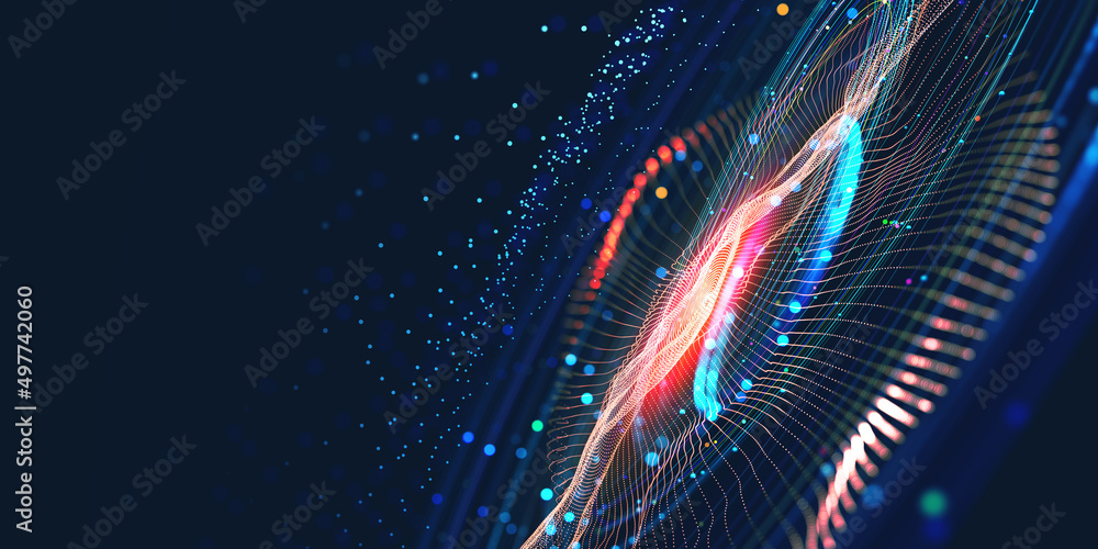 Poster Cyber plasma and neon rhythm. Big data orbit high-tech innovation. Emotion of musical sounds and vibration of strings. 3D illustration of artificial intelligence neural network