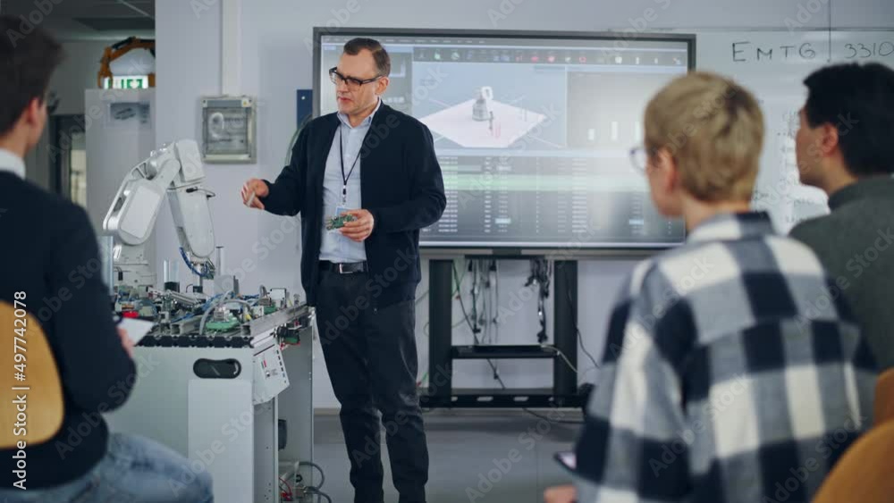 Poster diverse group of students and their lecturer discussing robotic hand during the lesson, explains mic