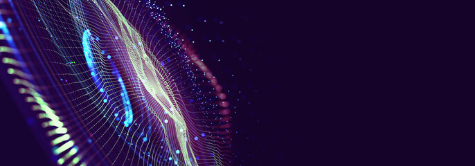 Emotion of musical sounds and vibration of strings. Digital mind concept. Abstract cybersynthetics 3D illustration. Funnel, whirlpool, big data flow. High-tech analytics and business strategy