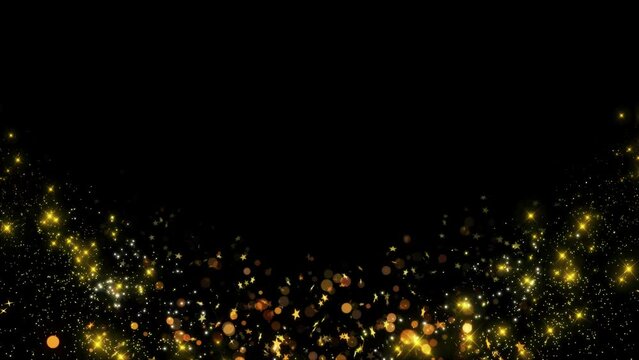 Golden sparkling glitter flight light Dust trail Animation. Shining Christmas gold particles, sparkles background. Luxury magic festive 3D render. New year's Celebration. Wedding, Diwali, Christmas