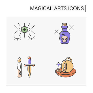 Magical Arts Color Icons Set. Fortune Teller, Magic Rituals, Coffee Grounds Prediction, Fate Lines. Rituals Concept. Isolated Vector Illustration