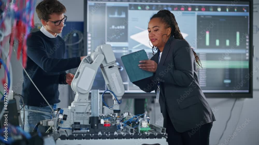 Poster black female chief engineer holding tablet and talking with male student while robot arm moving unde