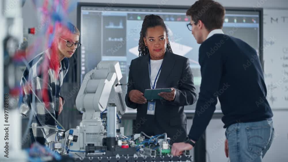 Aufkleber Black Teacher with Tablet and Two Diverse Students Analyse and Discuss Futuristic Robotic Arm During the Lesson. Lecturer Helping to Pupils with Project. Computer Science Concept