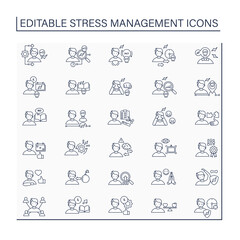 Stress management line icons set. Controlling person stress level. Avoid stressful situations. Mental health concept. Isolated vector illustrations. Editable stroke