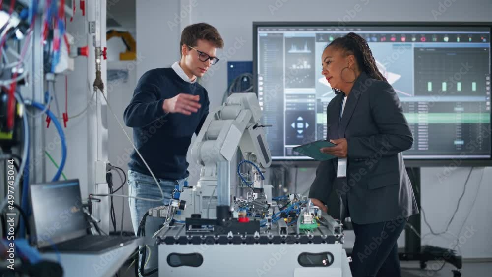 Aufkleber Futuristic Design of AI Robot Hand. Black Engineer Telling About Innovative Robot Arm to Students or Start-uppers. Advanced Robotics Technology for Factory Working Concept. Slow Motion