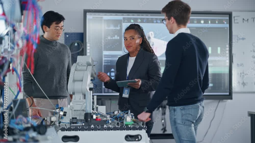 Poster teacher and engineer student meeting in robotic research laboratory: they gathered around table, tal