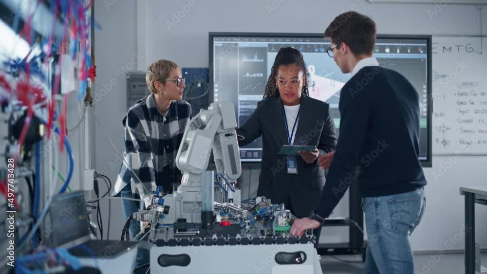 Aufkleber University Robotics Class: Black Teacher Explaining Engineering to Students Using Robot Arm. Diverse Group of Young Engineers Brainstorming while Programming. Computer Science Education Concept