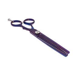 Scissors for cutting people and pets. Grooming scissors. Closed scissors on a white isolated background. Angle view.