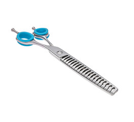 Scissors for cutting people and pets. Grooming scissors. Closed scissors on a white isolated background. Angle view.