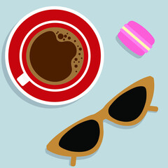 Vector illustration with coffee cup, glasses and macaroon