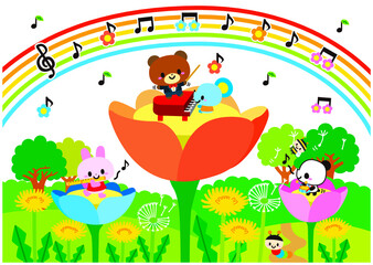 Obraz premium 音楽,花,誕生日,春,動物,子供,幼稚園,保育園,ピアノ,音符,音,虹,パーティー,お祝い,おめでとう,かわいい,キャラクター,元気,笑顔,楽しい,園児,嬉しい,なかよし,ウサギ,クマ,ネズミ,昆虫,コンサート,楽器,演奏会,五線譜,芋虫,３月,４月,メルヘン,種,喜び,自然,あたたかい,開花,演奏,ラブリー,幼児向け,ポップ,イラスト,子供向け