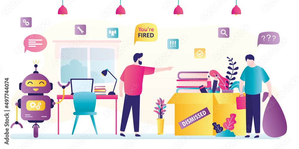Aufkleber manager in office was replaced by artificial intelligence. boss fired employee. unemployed man leave