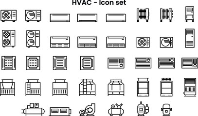 Flat icon set of HVAC unit or air conditioner products with various types in minimal simply style