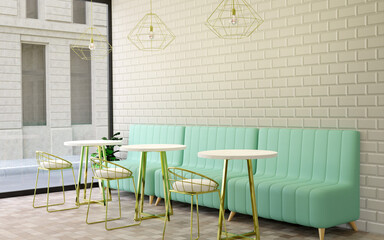3D rendering coffee shop interior white brick wall and white marble table and white velvet seat