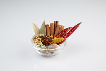 Curry Masala ingredients for curry masala, Indian spice. Selective focus