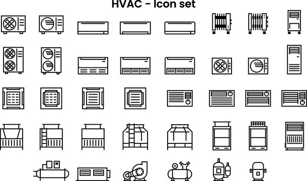Flat icon set of HVAC unit or air conditioner products with various types in minimal simply style
