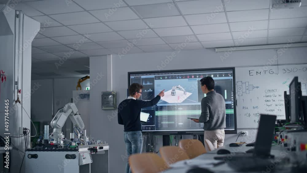 Aufkleber Diverse Team of Two Students Standing Near Big Screen with Tablet and Laptop While Discussing Programming and Technologies. Education and Studying Concept