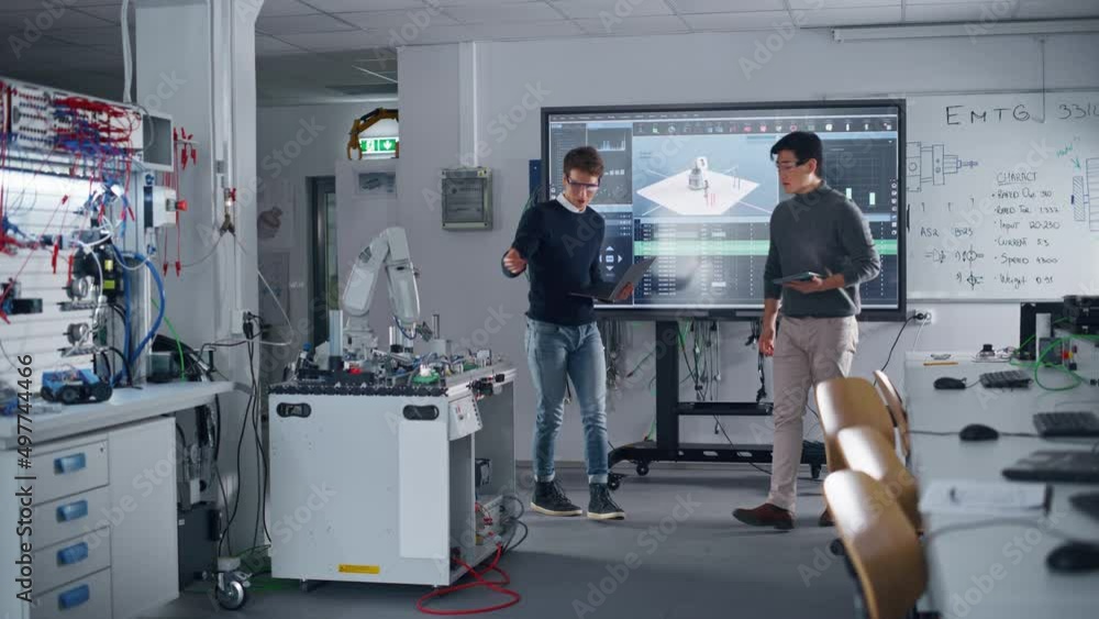 Poster Diverse Male Students Check Functions of Robotic Hand and Discussing Details while Teaching New Academic Skills at School. Education and Innovative Technologies Concept. Slow Motion