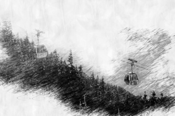 cableway with forest in a pencil drawing style