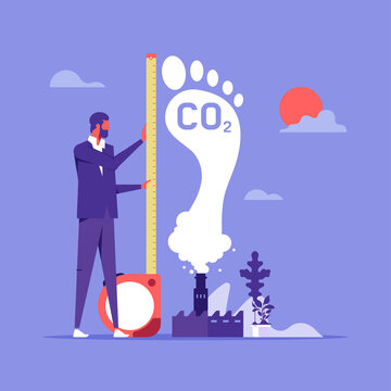 Man Measure Huge Foot, Carbon Footprint Pollution, Co2 Emission Environmental Impact Concept, Dangerous Dioxide Effect On Planet Ecosystem, Vector Illustration