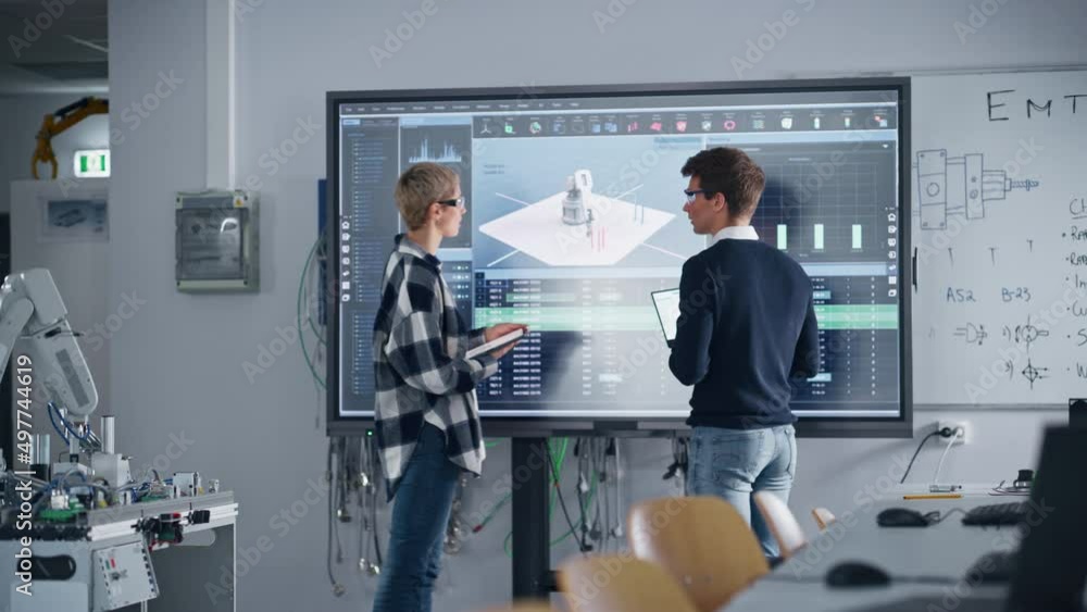Poster Future Developers Teaching New Academic Skills on Computer Big Screen and Brainstorming in University Room. They Pointing at Screen and Chatting. Education and Innovative Technologies Concept