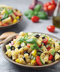 A bowl with traditional Italian pasta salad	